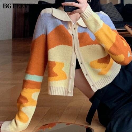 BGTEEVER Vintage Printed Women Cardigans Long Sleeve Single-breasted Casual Ladies Sweaters 2021 Autumn Open Stitch Knit Tops