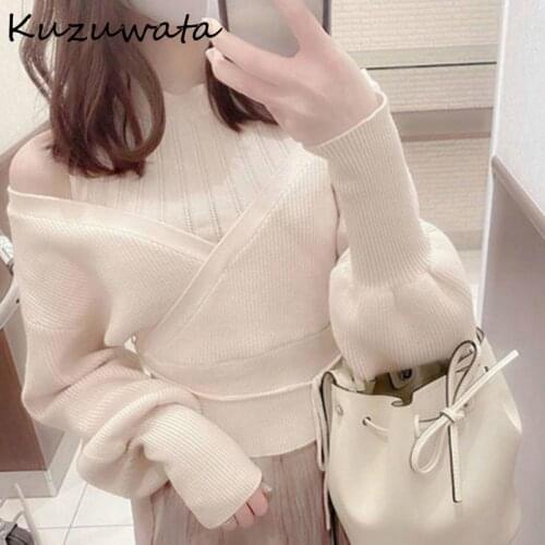 Kuzuwata Solid Color Sexy Shoulder Strapless Women Sweaters Sweet Loose Drawstring Knitted Coat Spring Autumn New Pullovers