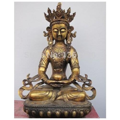 Free Shipping 001262 17"Tibetan alphabet Bronze gild Amitayus longevity god Buddha kwan yin statue