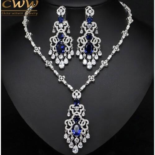 CWWZircons Top Quality Royal Blue Cubic Zirconia African Big Statement Earring Necklace Set For Women Evening Party Jewelry T276