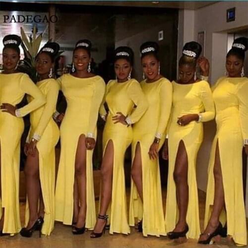 Cheap Simple Bridesmaid Dresses Capped Long Sleeves Satin Maid Of Honor Dresses Side Split Floor Length Zipper Back Wedding