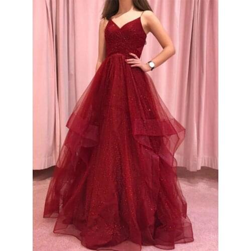 Tiered Prom Dresses Long VKbridal Sparkle A-Line Burgundy Tulle Spaghetti Straps Sequins Formal Evening Gown