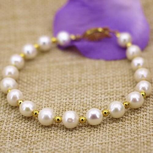Strand Clasp Bracelet & Bangle For Women White Natural Freshwater Cultured Pearl 7-8mm Beads Spacer Charms Jewelry 7.5inch B3116