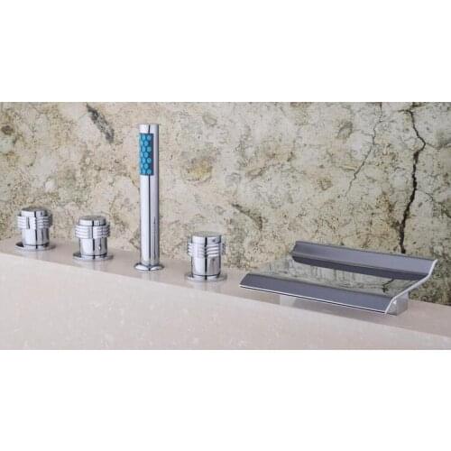 Chrome plated shower and bathtub faucet mixer, Copper five hole sink basin faucet waterfall, Brass bathroom bathtub faucet deck