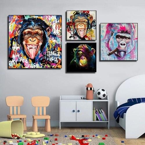 Cute Monkey Canvas Paintings Graffiti Street Art Abstract Poster and Prints Wall Art Pictures for Living Room Home Decoration