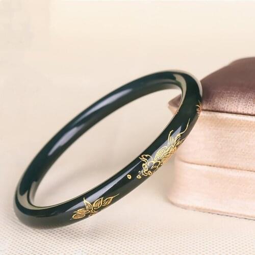 Nice Chinese Natural Jade Hand-carved Round Fis Fashion Jewelry Carving Gold Gilt Bracelet
