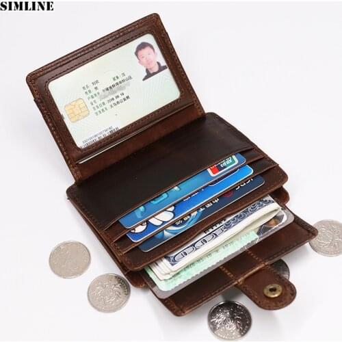SIMLINE 2020 Genuine Leather Men Wallet Vintage Short Slim Mens Wallets Purse Credit Card Holder With Coin Pocket Money Bag Man