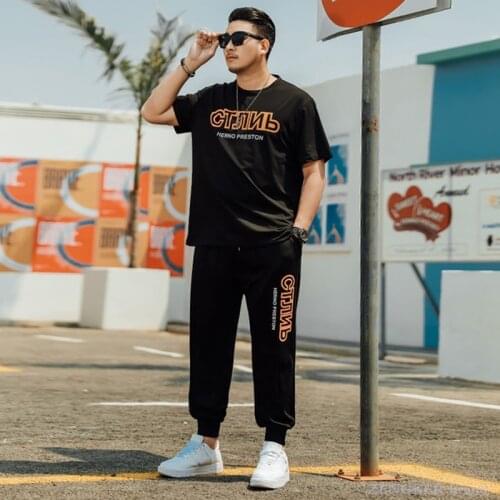Mens suit summer plus fat plus size trend short-sleeved T-shirt long pants two-piece set was thin 130 pounds 6xl