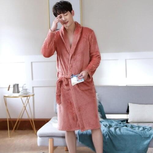 Men Winter Thicken Warm Long Flannel Bathrobe Soft Comfortable Bath Robe Kimono Robes Dressing Gown Night Sleepwear Homewear