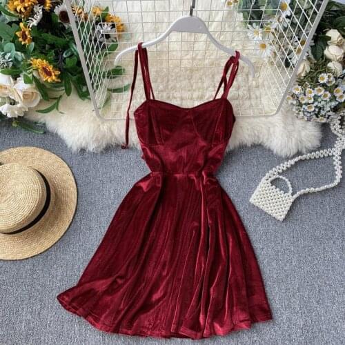Autumn Women Kawaii Solid Dress Velvet Spaghetti Strap Christmas Halloween Party Dress Empire A-Line Vestidos Cute Clothing