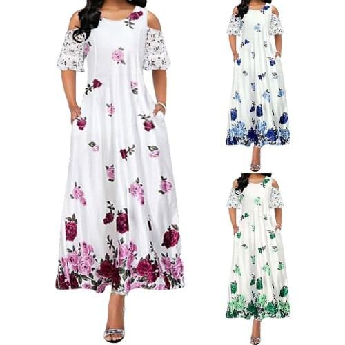 Floral Print Dress Women Lace Patchwork Half Sleeve Large Hem Dress for Women Summer A-Line Dress Long Dress robe Femme Vestidos