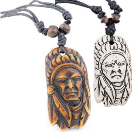 Hand Carved Yak Bone Vintage Tribal Indian Chief Head Pendant Necklace Wood Beads Rope Adjustable MN147
