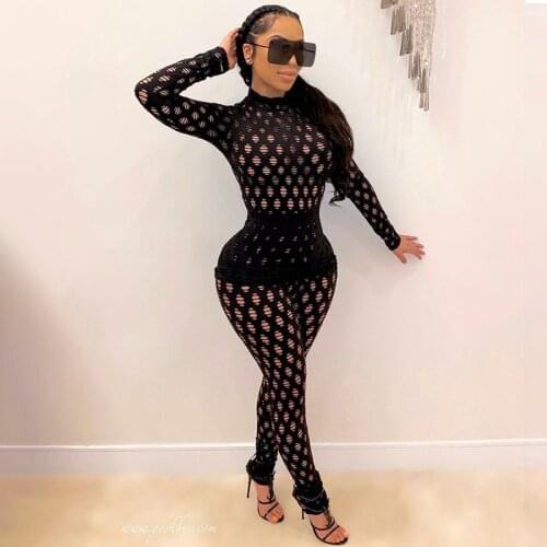 Sexy Fishnet Two Pieces Set Hollow Out See Through Club Outfit Long Sleeve Turtleneck Top and Skinny Pants Mesh Party Clubwear