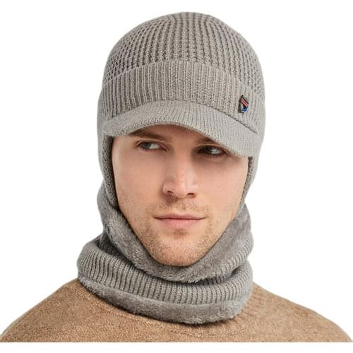 TRIPLE INFINITY Winter Men Hat Outdoor Ear Protection Warm Thick Bicycle Knitted Cap Scarf Windproof Visors Baseball Cap Male