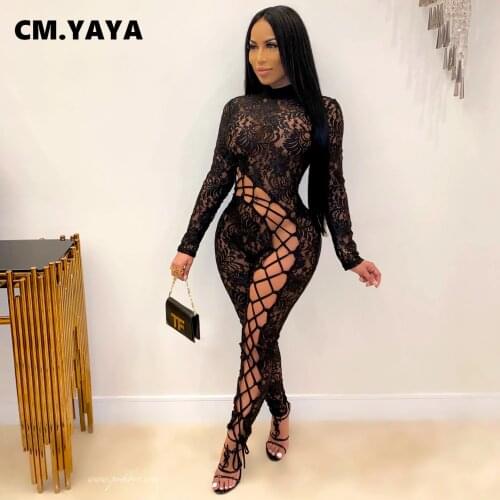 CM.YAYA Autumn Lace Floral Lace Up See Though Womens Jumpsuit Sexy Club Party One Piece Overall Bodycon Rompers Outfit