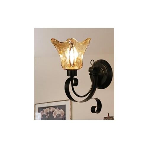 Mediterranean antique wall lamp, European antique black iron art tea glass wall lamp, bedroom bedside aisle lamps