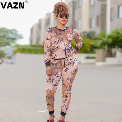 VAZN 2020 Top Sale Women Casual Shinny Cartoon Outfit Two Pieces Set Full Sleeve O-neck Full Pant Sport Running Sets