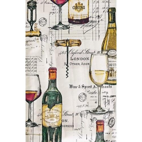 Print Vinyl Flannel Backed Tablecloth - French Wine Bottles and London Spirit Merchants Design Indoor/Outdoor