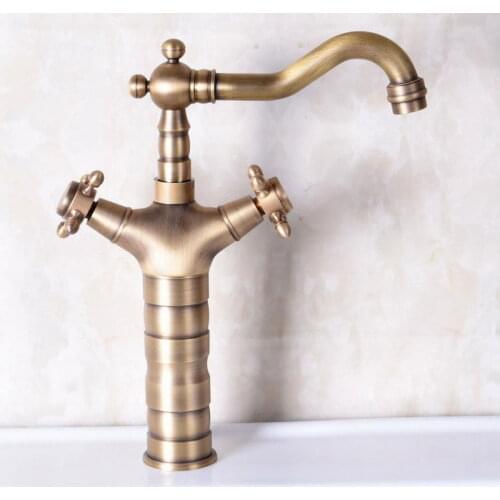 Vintage Retro Antique Brass Dual Cross Handles Bathroom Kitchen Basin Sink Faucet Mixer Tap Swivel Spout Deck Mounted mnf246