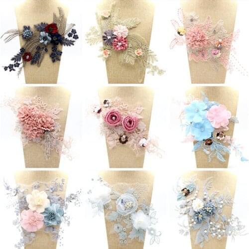 Multiple styles embroidery lace collar pearl beads 3D flower applique wedding clothing decoration neckline floral patch Optional