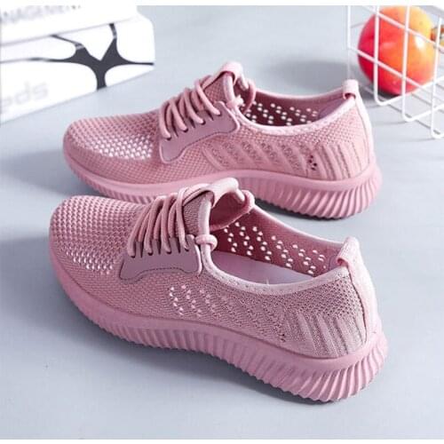 Womens Knitted Shoes Fretwork Lace Up Breathable Solid Leisure Ladies Footwear Mesh Fashion Women Flat Shoe 2021 New Summer