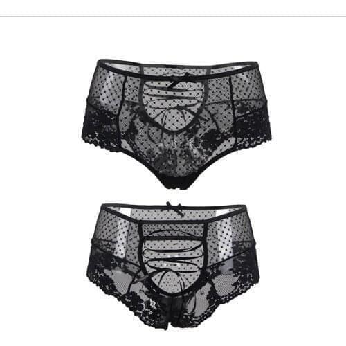 Sexy Panties for Woman Ladies Sheer Lace Dots See-through Mesh Underwear Solid Color Bow Tie Hollow Out Back High Waist Briefs
