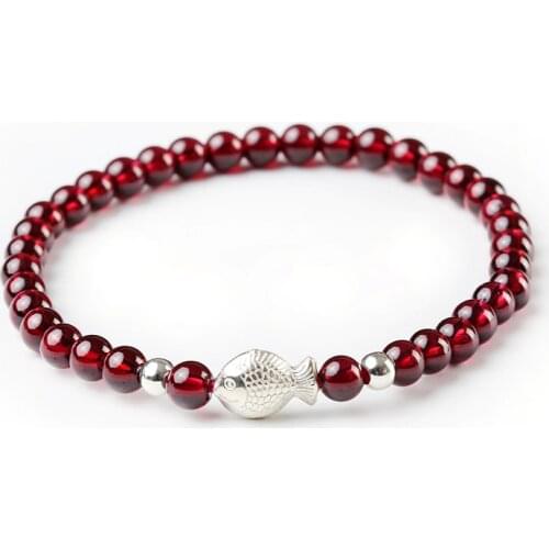Romantic Garnet Bracelet 925 Sterling Silver Carton Fish Strand Bracelets 4.5 Mm Natural Stones Beads Party Jewelry for Woman