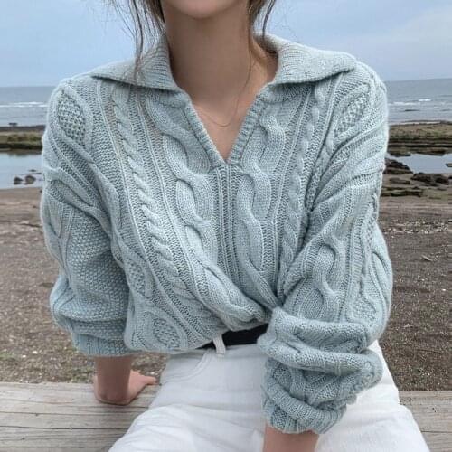 Women Knitted Sweater Retro Turn-down Collar Pullovers Casual Long Sleeve All Match Female Sweaters Loose Sueter Mujer