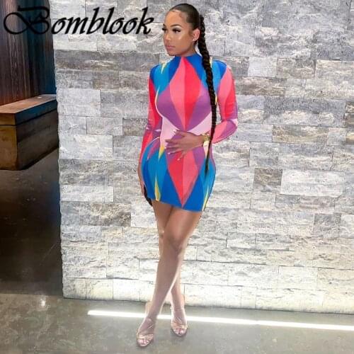 Bomblook Sexy Party Club Bodycon Dresses For Women 2021 Summer Geometrical Printed Long Sleeve Mixi Dress Female Fashion Outfits