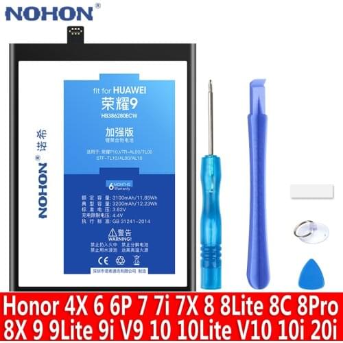 NOHON Battery For Huawei Honor 9 8 Lite 7 6Plus 6 P9 P10 Lite HB386280ECW HB366481ECW Replacement Mobile Phone Bateria +Tools
