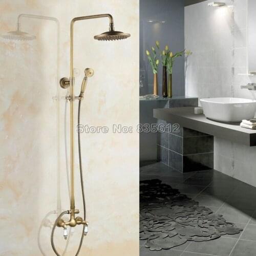 Antique Brass 8 inch Shower Head Bathroom Wall Mounted Dual Handles Mixer Tap Rain Shower Faucet Set with Hand Spray Wan103