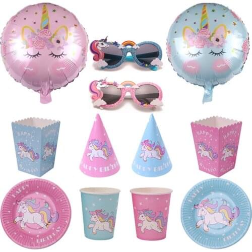 Baby Shower Birthday Girl Unicorn Tableware Paper Cup Plate Balloons One Year Birthday Unicorn Party Decoration