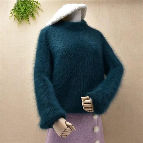 Elegant fashion korean ladies women turtleneck mink cashmere long sleeves pullover angora fur knitted sweater jumper blouses