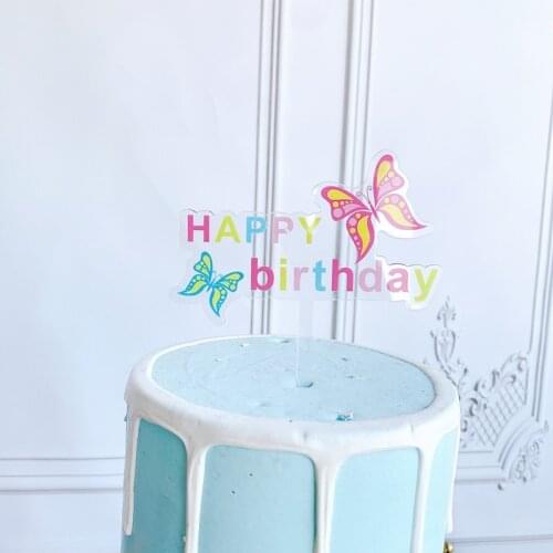 INS Beautiful Color Happy Birthday Cake Toppers Acrylic Butterfly Birthday Cake Topper for Kids Birthday Party Cake Decorations