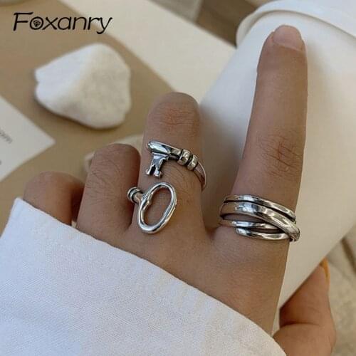 Foxanry Wholesale 925 Sterling Silver Rings Charm Women Girl Jewelry Vintage Handmade Multilayer Geometric Party Accessories