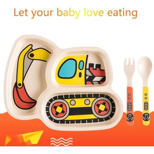 3pcs Baby Dishes Tableware Set Children Cartoon Car Feeding Bowl Dish Kids Natural Bamboo Fiber Dinnerware With Fork Spoon Plate