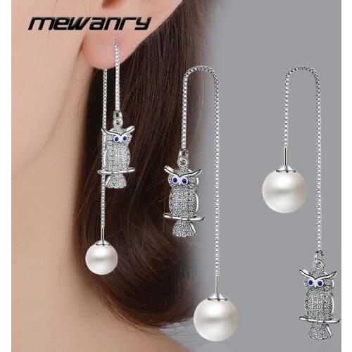 Mewanry 925 Sterling Silver Drop Earrings for Women Trend Party Creative Cute Pearl Owl Sparkling Zircon Jewelry Birthday Gifts