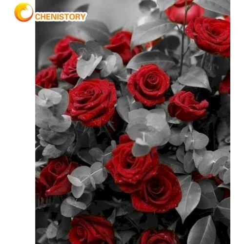 CHENISTORY 40x50cm Framed Red Rose Flower Painting By Numbers Hand Painted DIY Framed Acrylic Paint Drawing Canvas Wall Arts