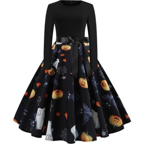 Fancy Pumpkin Printed Halloween Dress Long Sleeve Mid Length Princess Swing Dress Ladies Costume For Festival Party Big Size