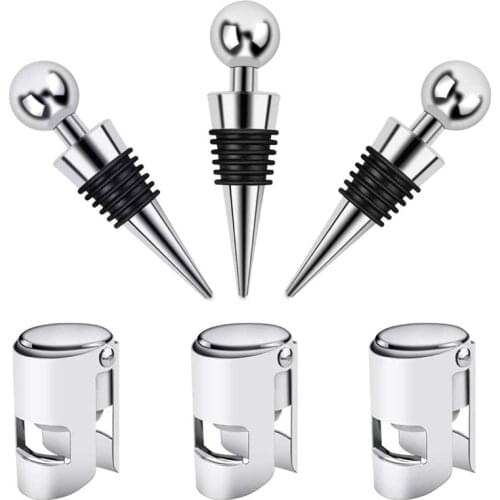 Stainless Steel Bottle Stopper 3 Pieces Wine Bottle Stopper with 3 Pcs Champagne Bottle Stopper Vacuum Wine Stopper Set