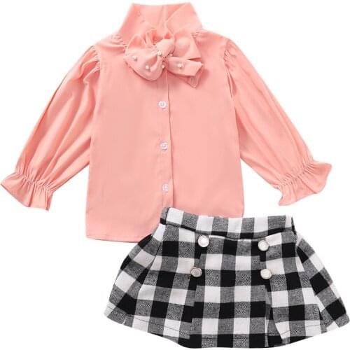 New 2 Pieces Baby Girls Plaid Outfit Set Long Sleeve Ruffled Collar Shirt A-Line Skirts Set
