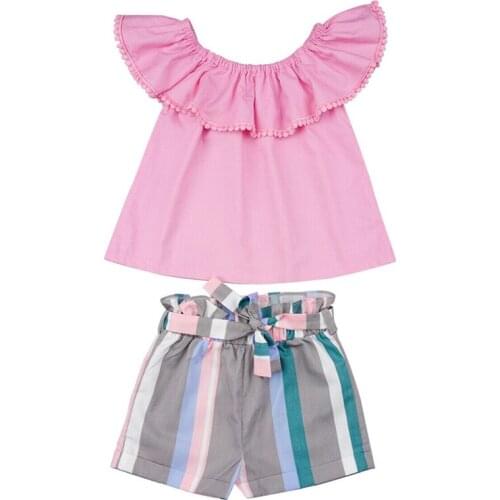 2019 New arrival Toddler Kid Baby Girl Summer Off Shoulder Clothes Ruffle T-shirt Top+Stripe Shorts Outfits 2-6T Baby Clothing