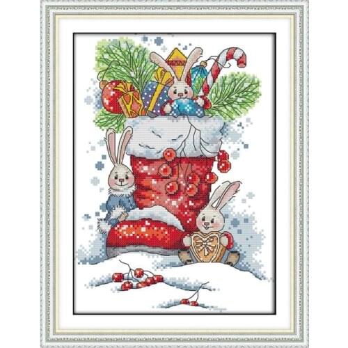Christmas Cross Stitch Embroidery Kits DMC 11 14CT The Rabbit in the Christmas Boots Patterns Counted Cross Stitch DIY handmade