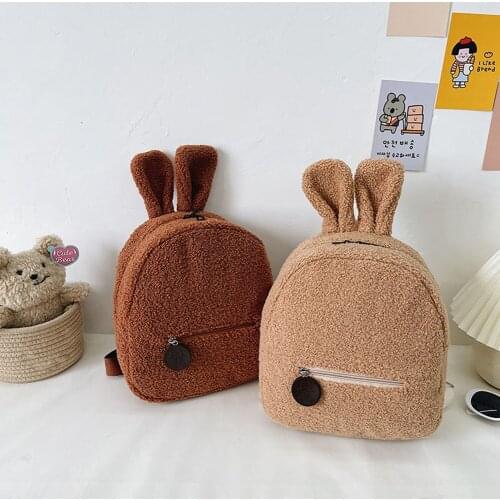 Casual Woolen Cloth Women Small Backpack Cute Bunny Ears Shoulder Handbags School Bags Ladies Fashion Hit Color Small Rucksack