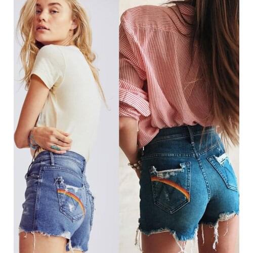 Spring Summer Rainbow Ripped Denim Shorts Womens High Waist Slim Ladies Short Jeans Fashion With Pockets