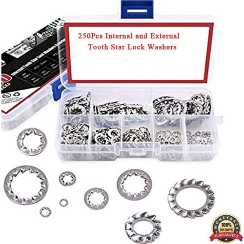 250Pcs 304 Stainless Steel Internal and External Tooth Star Lock Washers Assortment Kit Metric Star Washer Included: M3 M4 M5 M6