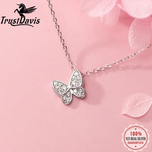 TrustDavis Real 925 Sterling Silver Fashion Sweet Insect Butterfly CZ Pendant Necklace For Women Wedding Fine Jewelry DA2006