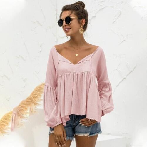 Elegant Lantern Sleeve Sexy V-neck T-shirt For Women Spring Autumn Solid Casual Loose Sweet Lace Up Butterfly Decor Pullovers