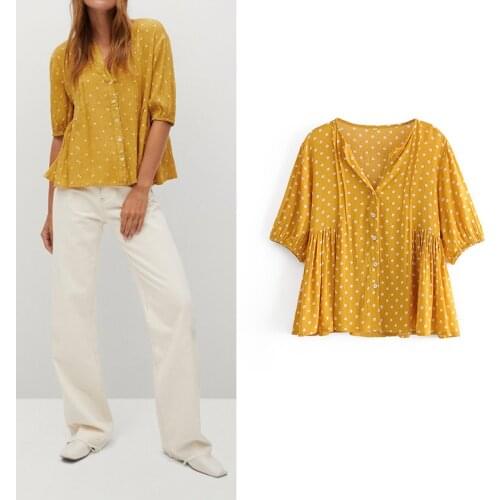 Womens Shirt Za Fashion 2021 Cotton Dot Print Loose V Neck Shirts Female Short Sleeve Summer Chic Sweet Mujer Tops