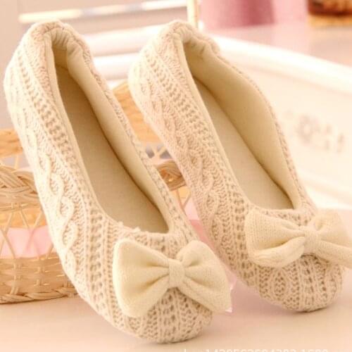 Korean Style Bow-knot Women Shoes Non-slip Floor Woolen Warm Comfortable Female Girls Home Slippers for Winter Yoga shoes